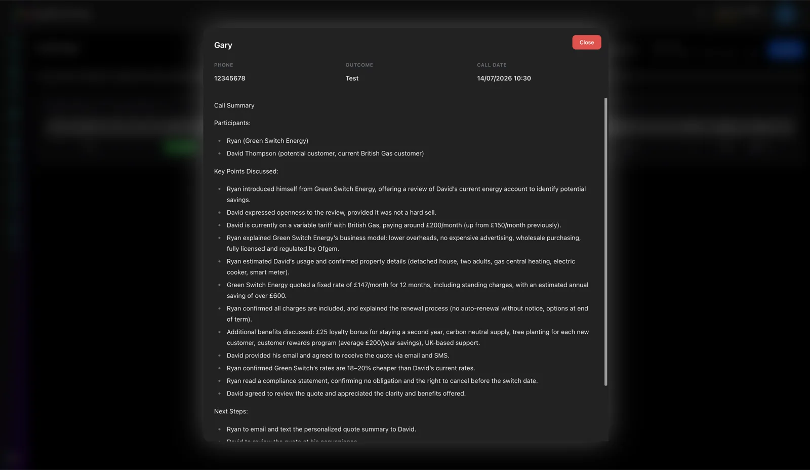 AI call summary with key points and next steps